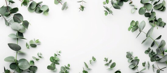 Poster - Eucalyptus branches arranged in a frame on a white background with a flat lay view and copy space image available.