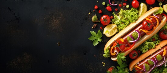 Poster - Top view of a variety of hot dogs with vegetables, lettuce, and condiments placed on a stone background, perfect for copy space image, arranged in a flat lay style.