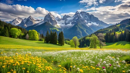 Idyllic mountain landscape in the Alps with blooming meadows in springtime