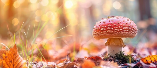 Poster - Beautiful Armillaria mellea mushroom. Brown cap mushroom. Autumn wild fungi. Armillariella mellea at the forest. pastel background. with copy space image. Place for adding text or design