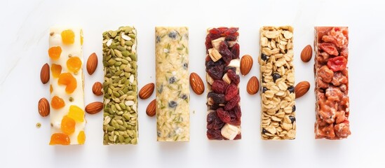 Aufkleber - Granola superfood bars displayed on a white background for a copy space image, featuring a mix of healthy homemade snacks.