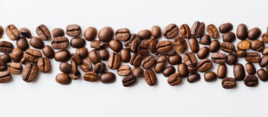 Leinwandbilder - Roasted coffee beans assort on a blurred white backdrop, presenting an appealing copy space image for coffee enthusiasts.