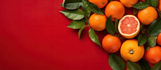 Poster - Flat lay of ripe Sicilian oranges and leaves set against a red backdrop, perfect for overlaying copy space image.