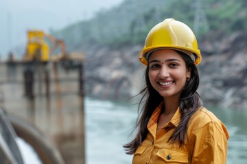 Wall Mural - Portrait of a young smiling female engineer at Hydroelectric Dam