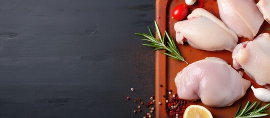 Poster - Board with raw chicken meat on color background with copy space image.