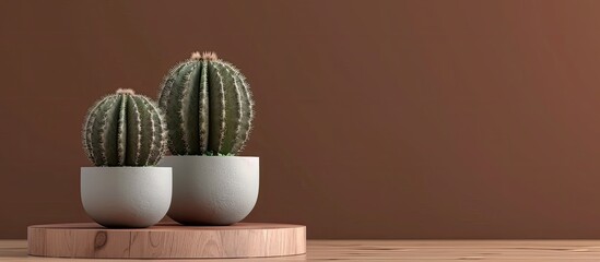 Poster - Minimalistic design concept showcasing two cacti in a grey pot on wooden podiums against a chocolate brown backdrop, perfect for an eco-friendly aesthetic in summer or spring with a copy space image.