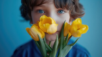 Wall Mural - A young child holding a bouquet of bright yellow flowers, perfect for various uses such as educational materials, marketing campaigns, or personal projects