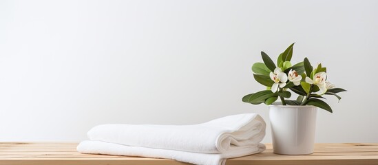 Wall Mural - A white table with clean white towels, a houseplant, and space for additional design or text in the image.