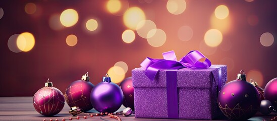 Poster - Festive Christmas-themed scene with a shiny purple gift box and glowing Christmas balls, creating a holiday atmosphere in the copy space image.