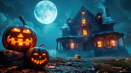 Haunted house with glowing jack-o'-lanterns and a full moon in the background AI generated