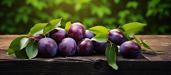 Aufkleber - Plums freshly picked and arranged on wooden surface with green foliage, providing ample space for additional images.