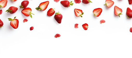 Fototapete - Strawberry pieces on white backdrop with copy space image. Flying fresh natural slices isolated in the air.