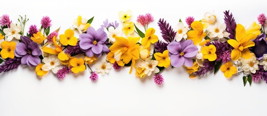 Poster - An arrangement of yellow and purple flowers on a clean white backdrop, symbolizing spring and Easter, captured elegantly from above with ample copy space image.