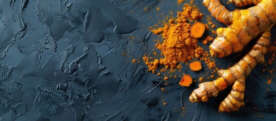 Aufkleber - Turmeric root and powder for both culinary and medicinal purposes. Wide copy space image available.