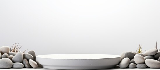Poster - Podium or platform made of pebble stones used as a mock-up to display your product with a white background for copy space image.