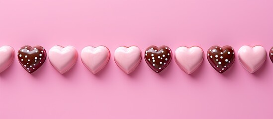 Aufkleber - Pink heart-shaped chocolate bonbons, hand-painted candies cut in half, arranged in a set with a macro shot on a pink background, ideal for a copy space image.