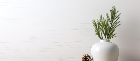 Wall Mural - Empty white wall mock up adorned with green fir branches in a vase on a white table, perfect for showcasing artwork in a Christmas or New Year home decor setting with copy space image.