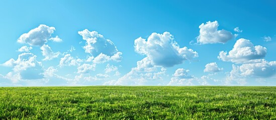 Poster - Scenic green field with fluffy clouds in a clear blue sky in the background of a copy space image.