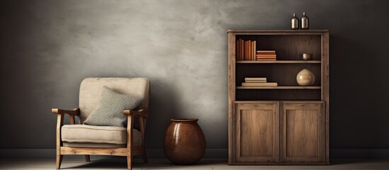 Wall Mural - In a cozy living room, a rustic cupboard holds books, a lamp, and a grey armchair with a cushion, set against a wall with empty copy space image.
