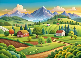 Wall Mural - Nature and landscape. Vector illustration of mountains, Trees, plants, fields and farms. Editable work for cover or card designs.