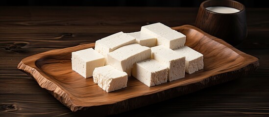 Aufkleber - Wooden plate with tofu: perfect for recipes, articles, menus, and commercial use, with copy space image.