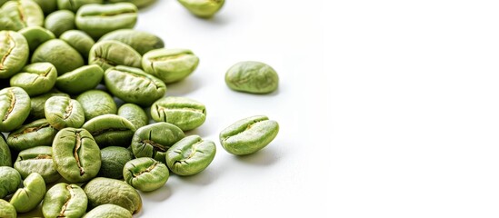 Poster - Detailed close-up of unroasted green coffee beans on a white background for wallpaper or design with a full frame copy space image.