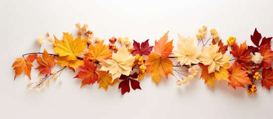 Fototapete - Top view of an autumn arrangement featuring maple leaves and flowers on a light background, perfect for a copy space image.