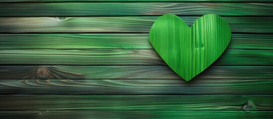 Poster - Vibrant wooden backdrop featuring a green heart shape, ideal for a spring or Easter greeting card with copy space image.