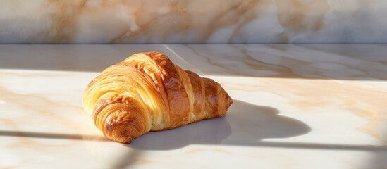 Aufkleber - A white plate displaying a freshly baked croissant on a marble floor, basking in morning sunlight with shadows projecting. Background of food with texture, ideal for copy space image.