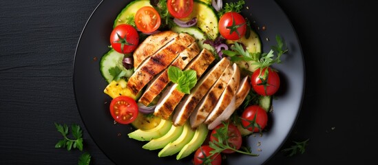 Poster - Top-down view of a stylish salad featuring grilled chicken fillet, fresh tomatoes, and ripe avocado on a plate. Ideal for a keto or Paleo diet, embodying a healthy meal concept with ample copy space