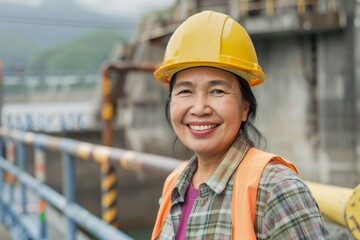 Wall Mural - Portrait of a middle aged smiling female engineer at Hydroelectric Dam