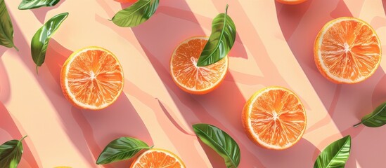 Poster - Summer decoration background with a seamless pattern of orange fruit against a colored backdrop and a spacious area for additional elements; a copy space image.