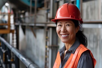 Wall Mural - Portrait of a middle aged smiling female engineer at Hydroelectric Dam