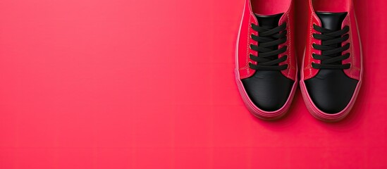 Wall Mural - Flat lay featuring black sneakers on a vibrant red and pink backdrop with ample copy space image.