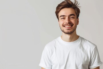 Portrait of a young handsome man in white t shirt on white background