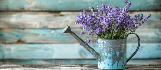 Aufkleber - A watering can filled with lavender flowers displayed on a wooden surface, providing ample space for additional content in the image.