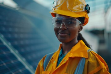 Wall Mural - Portrait of a young female African American engineer on solar farm