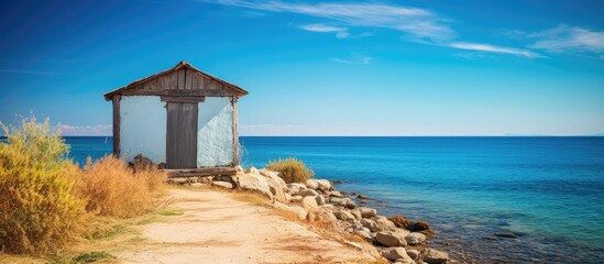 Wall Mural - scenic view of an old fisherman's hut in daylight with a blue sky and natural flare, vibrant colors,