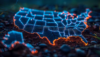 Wall Mural - close-up view of intricate spider web patterns superimposed on a map of the USA, interconnectedness of telecommunications.