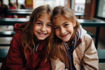 Wall Mural - Portrait of two smiling school girls sitting together outdoors