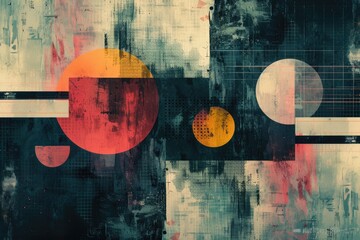 Wall Mural - Abstract geometric painting with vibrant colors and textured brushstrokes, featuring circles and squares.