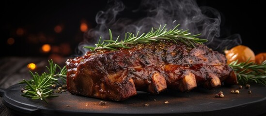 Aufkleber - A scene featuring American cuisine: succulent grilled pork ribs glazed in barbecue sauce, enveloped in smoke, with a touch of spices and fragrant rosemary. Background centered around the dish, ideal