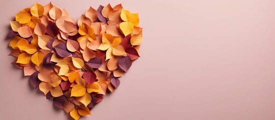 Poster - A studio shot from above of an autumn-themed group where orange, green, yellow, and brown leaves form a heart shape cutout on a pink background in a horizontal orientation, leaving space for