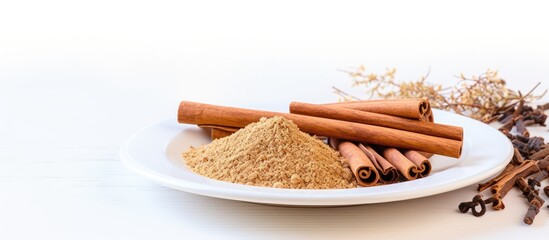 Leinwandbilder - Cinnamon sticks and ground spice beautifully arranged on a white plate against a light wooden backdrop, perfect for a copy space image.