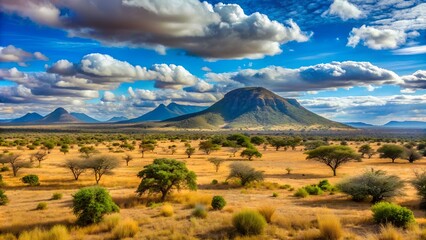 Wall Mural - Panoramic landscape of the vast savanna with its big sky country with Mount Ololokwe, sacred to the Samburu people in this scene at the Buffalo Springs Reserve in Samburu County, Kenya