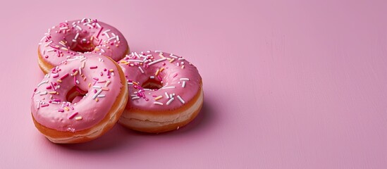 Wall Mural - Two donuts displayed on a pink background with space for text or graphics to be added; ideal for creative use as a copy space image.