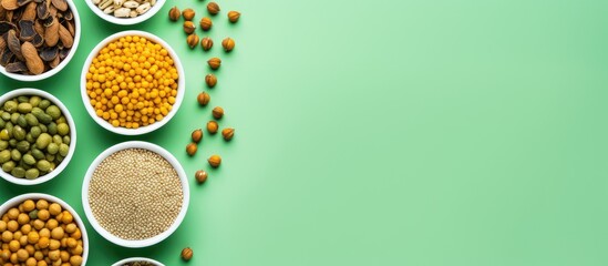 Poster - Top view of white bowls containing dried chickpeas, assorted legumes, and spices on a light green backdrop, ideal for promoting vegetable protein, copy space image.