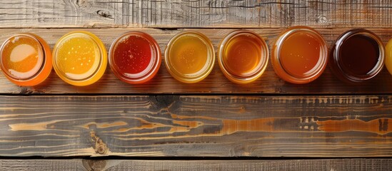 Aufkleber - Top view of jars displaying various types of honey on a wooden surface, creating a mockup design with copy space image.