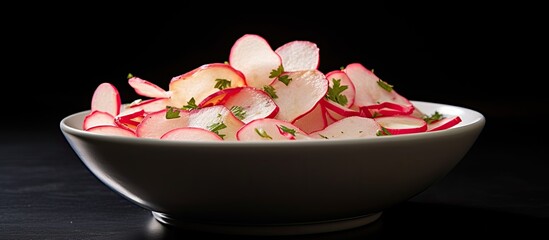 Leinwandbilder - Close-up low angle view of radish chips slices in a white bowl on a black background with copy space image.