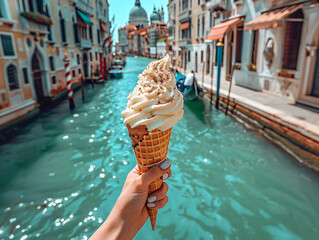  A person is holding a cone of ice cream in their hand. The ice cream is placed on a boat in a city in europe